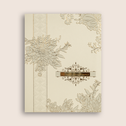 White Golden Floral Embossed Padded Wedding Card - KPR010240