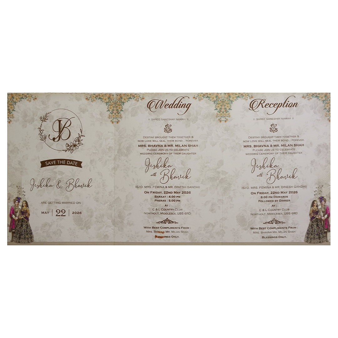 Cream Floral Laser Cut Royal Couple Wedding Card - KSH73190