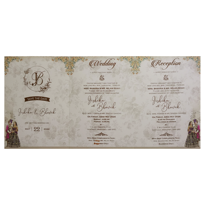 Cream Floral Laser Cut Royal Couple Wedding Card - KSH73190