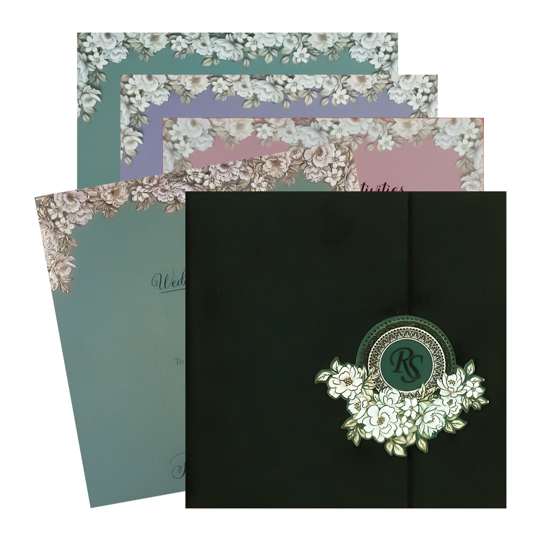 Green Velvet Floral Padded Wedding Card-KSI64200