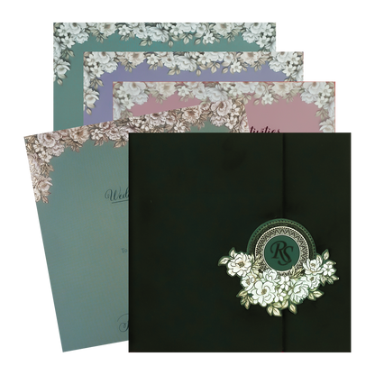 Green Velvet Floral Padded Wedding Card-KSI64200