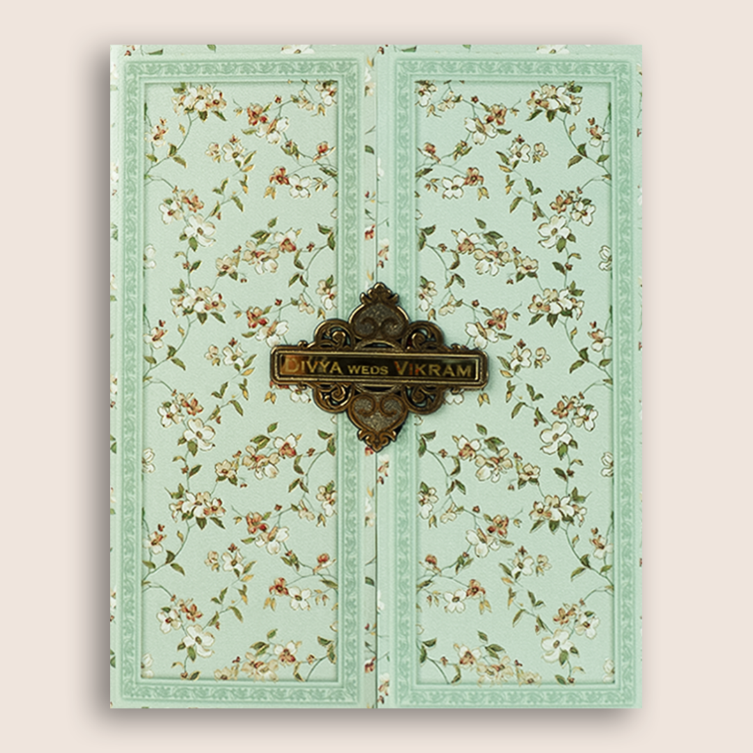Pista Green Floral Door Style Box Invitation Card - KNKN6307