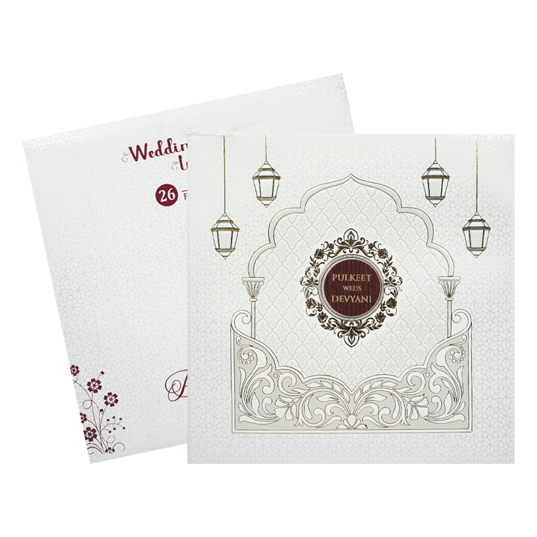 White Arch Lantern Padded Wedding Card-KJTS1856