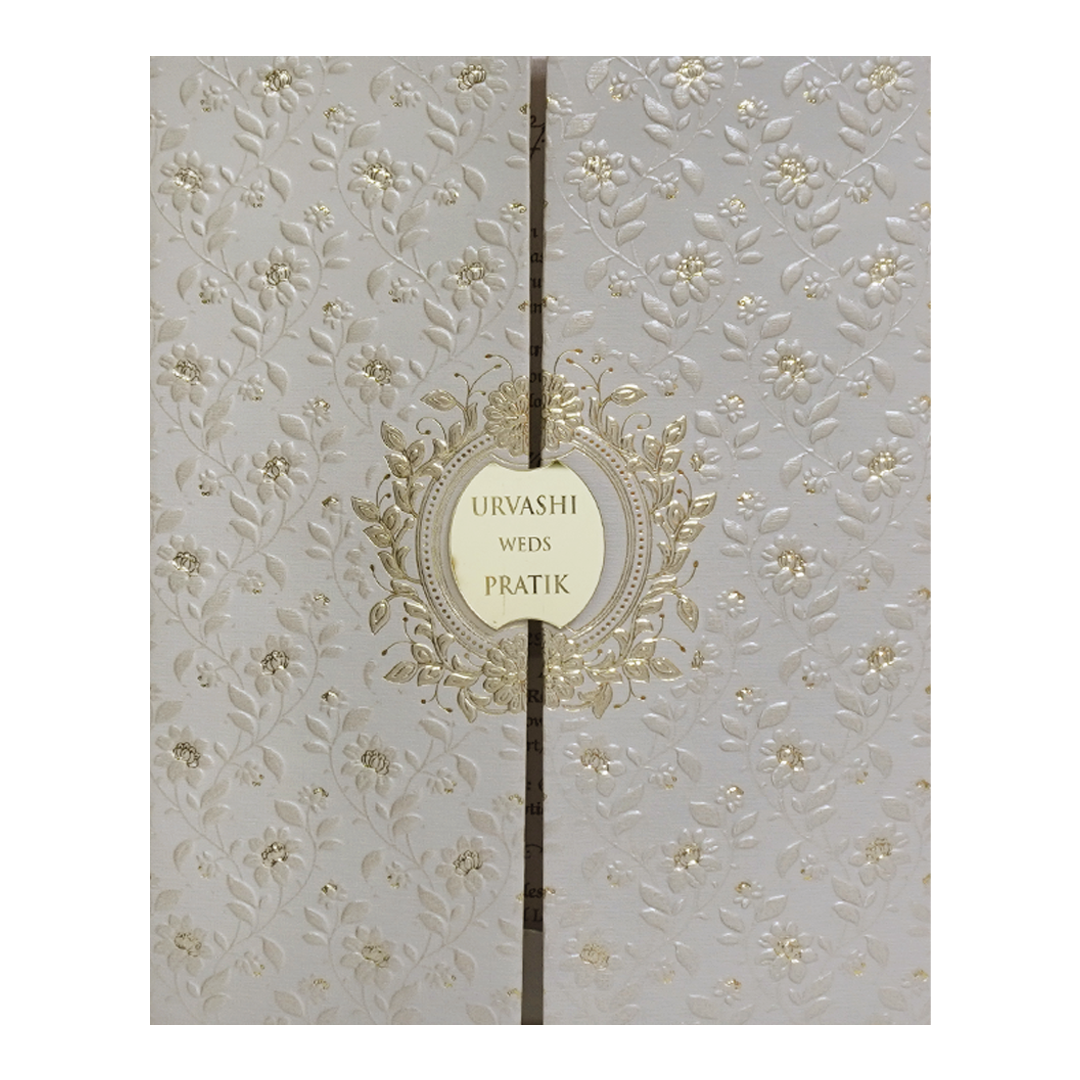 Grey Gold Floral Double Door Padded Wedding Card - KMMWD1115