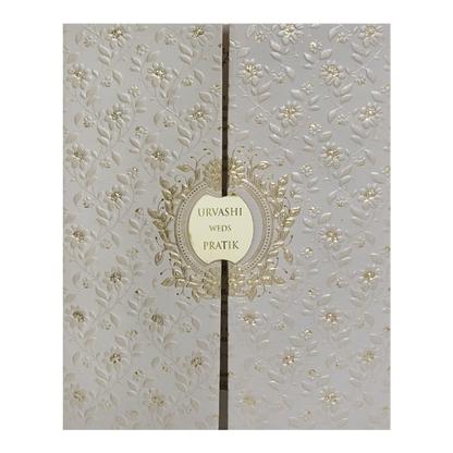Grey Gold Floral Double Door Padded Wedding Card - KMMWD1115