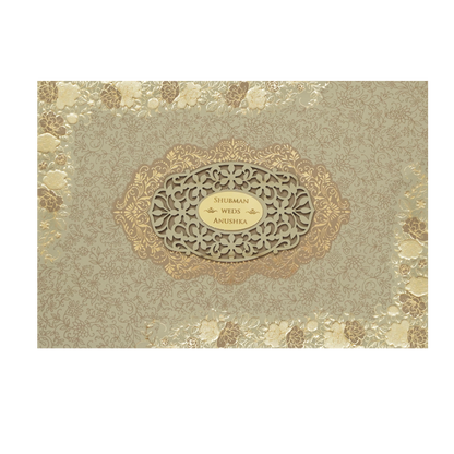 Beige Padded Embossed Floral Wedding Invitation Card-KRB09792