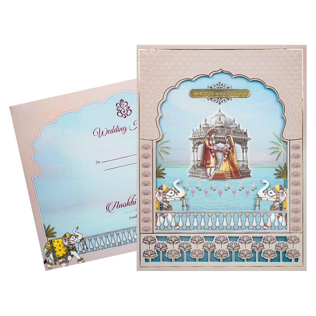 Pink Palace Laser Cut Padded Wedding Card-KJTS3689