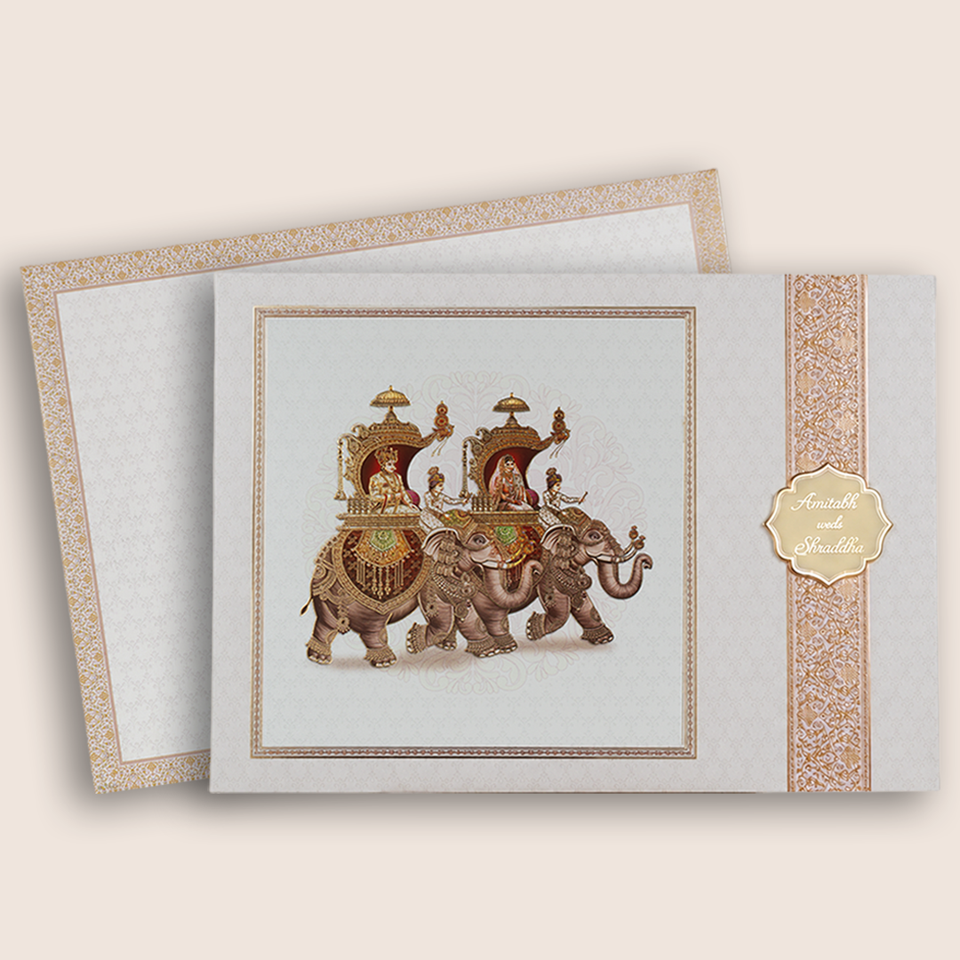 White Royal Baraat Door Style Wedding Card - KAA05420