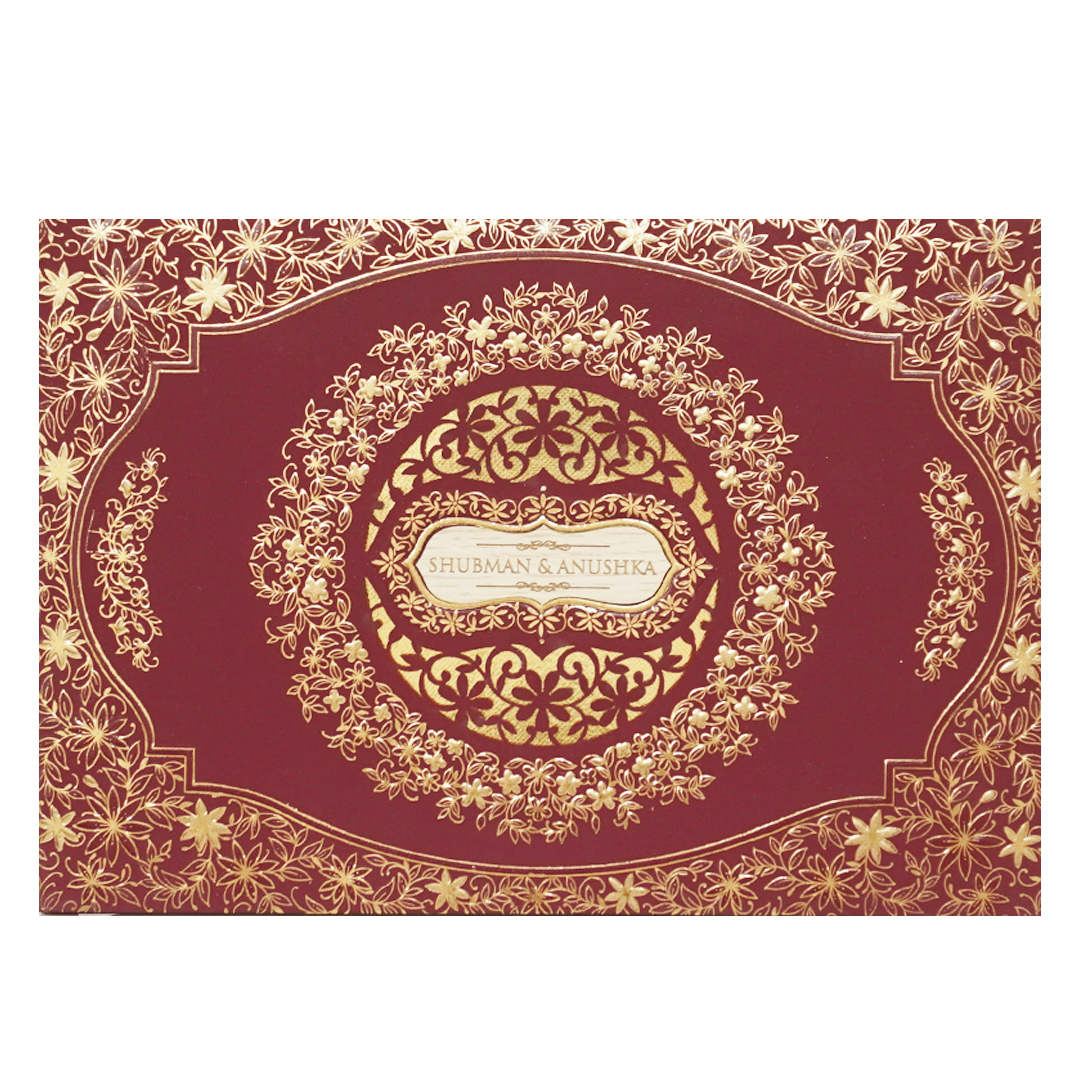 White Padded Wedding Invitation Card with Raised Gold Embossed Design-KRB09801