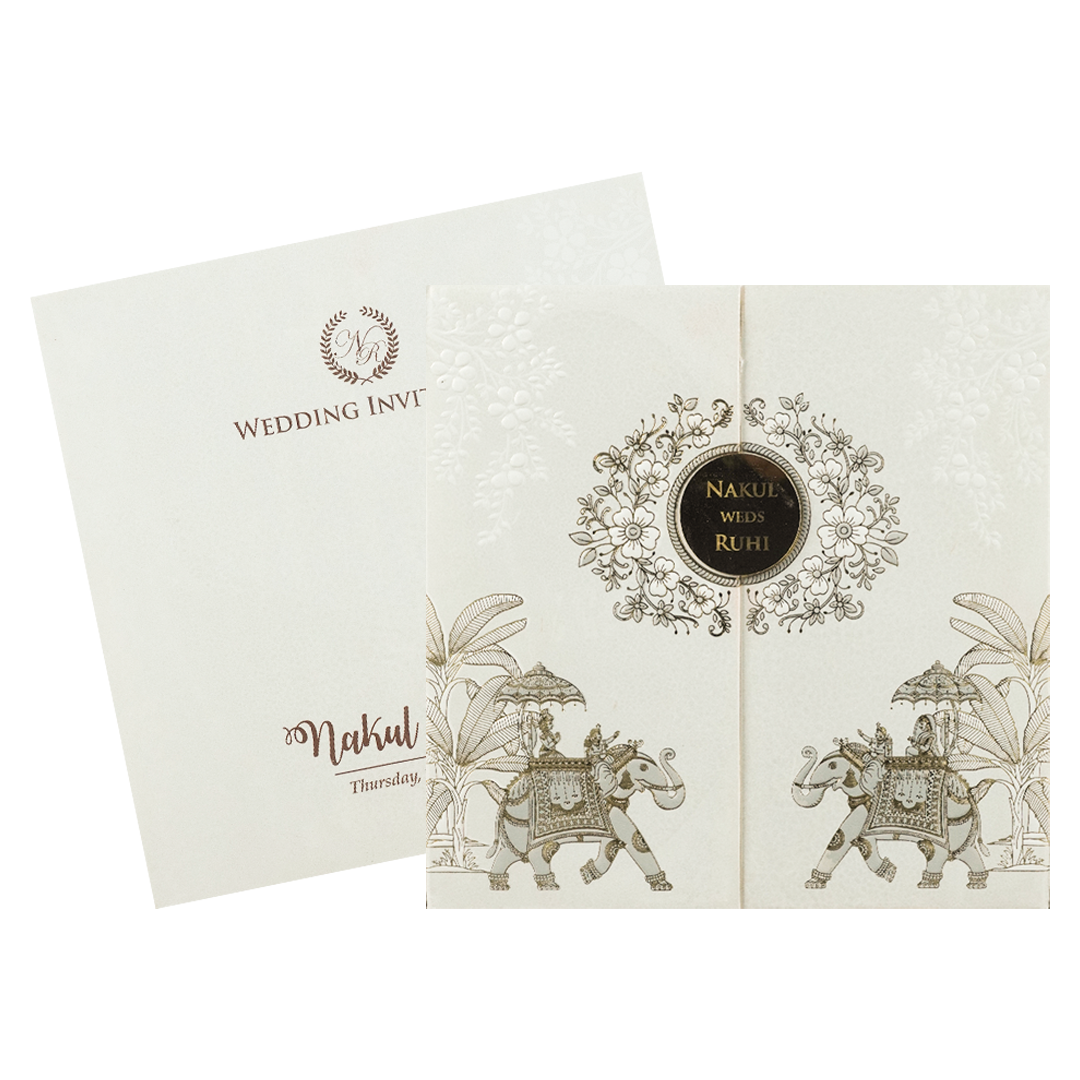 White Floral Elephant Padded Wedding Card-KRE28320