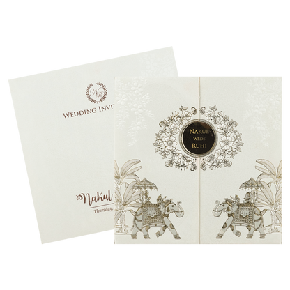White Floral Elephant Padded Wedding Card-KRE28320