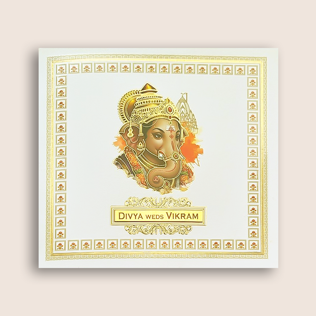 White Ganesha Floral Wedding Card - KNKD8115