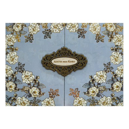 Blue Golden Floral Padded Wedding Card - KFR16400