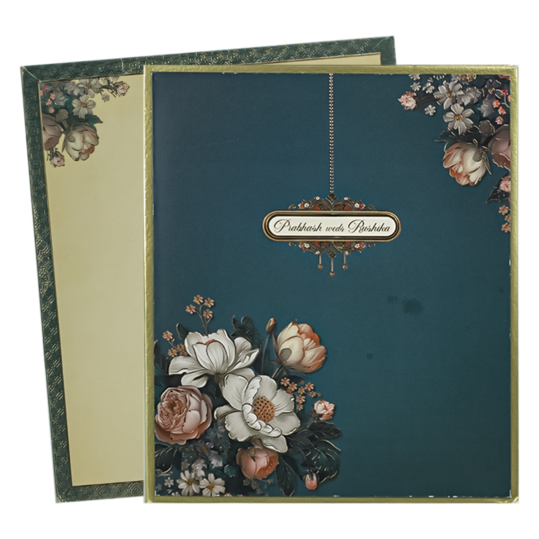 Blue Padded Floral Wedding Card-KAK01640