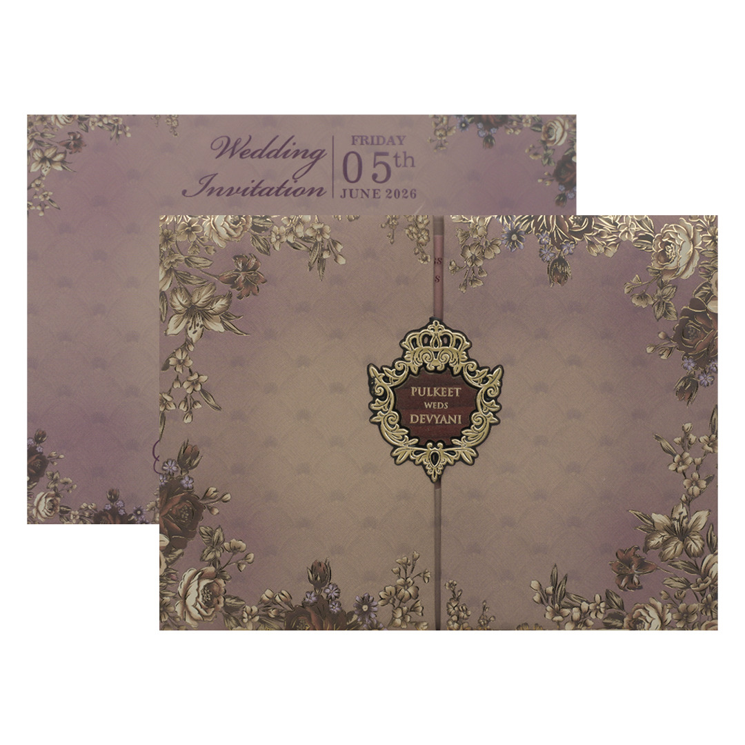 Check out Purple Floral Gold Padded Wedding Card at best price.✅WhatsApp Support ✅Express Delivery.|King of cards.