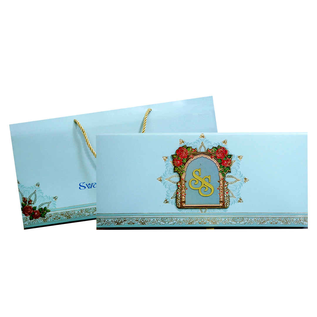 Pastel Blue Floral Arch Luxe Wedding Card-KPR24860