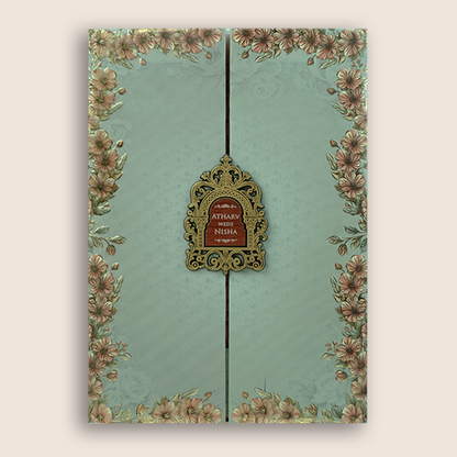 Olive Green Floral Door Style Padded Wedding Card - KVN07770