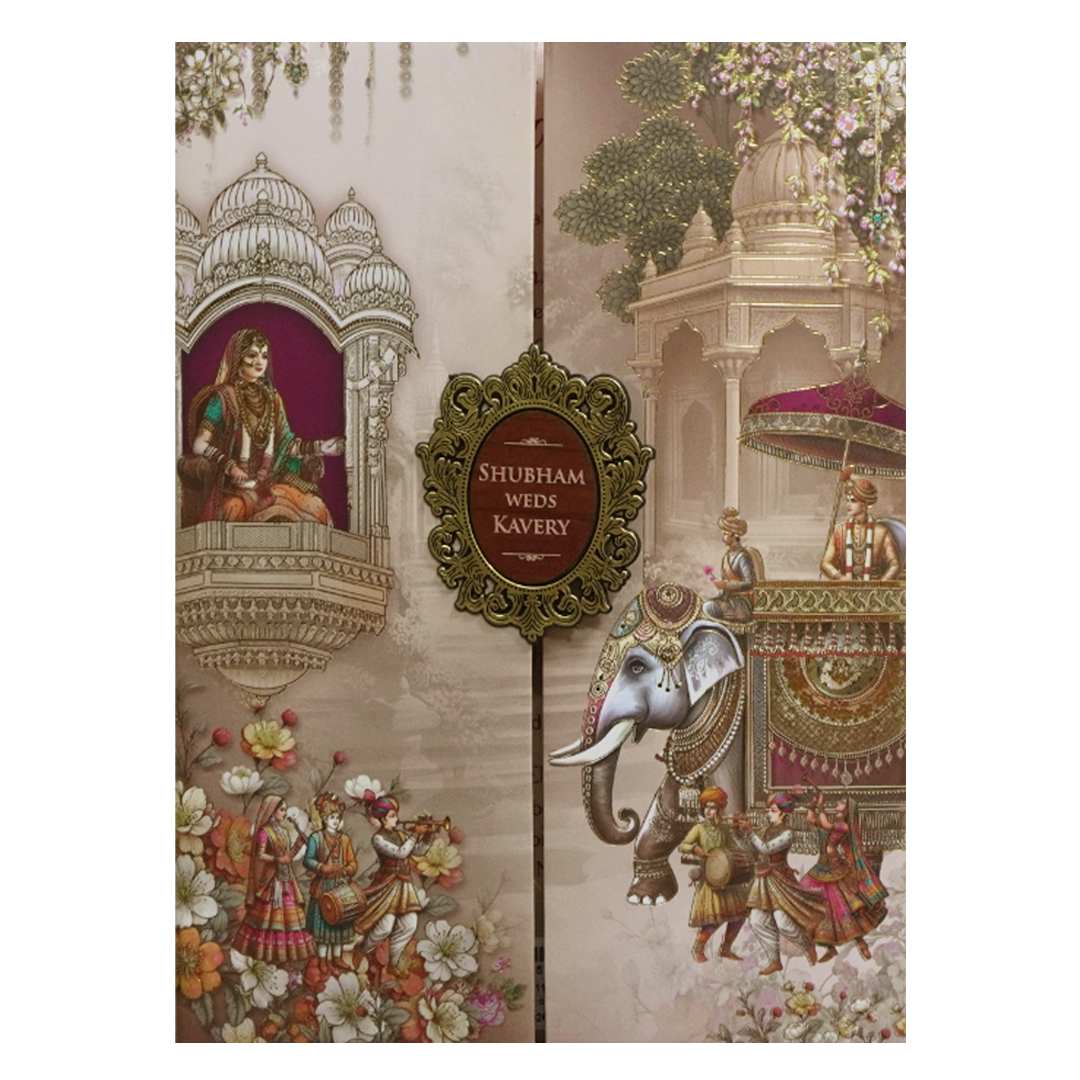 Cream Multicolor Procession Padded Wedding Card - KSH72450