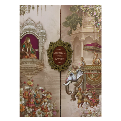 Cream Multicolor Procession Padded Wedding Card - KSH72450