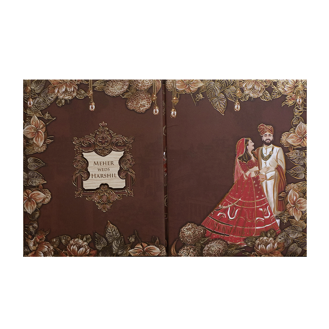 Maroon Couple Floral Padded Wedding Invitation Card -KVN07420