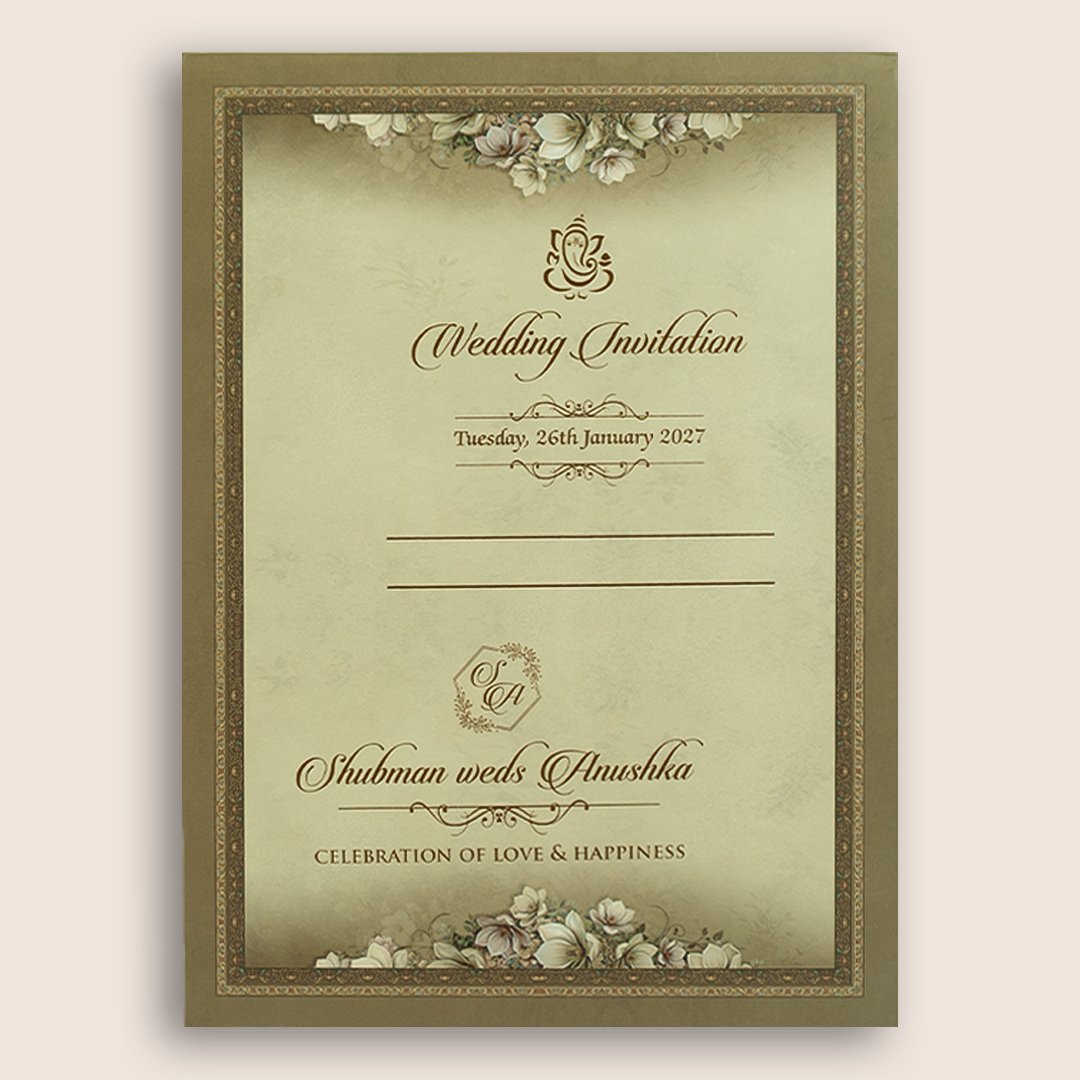 Olive Green Floral Padded Door Style Wedding Card - KRB10660
