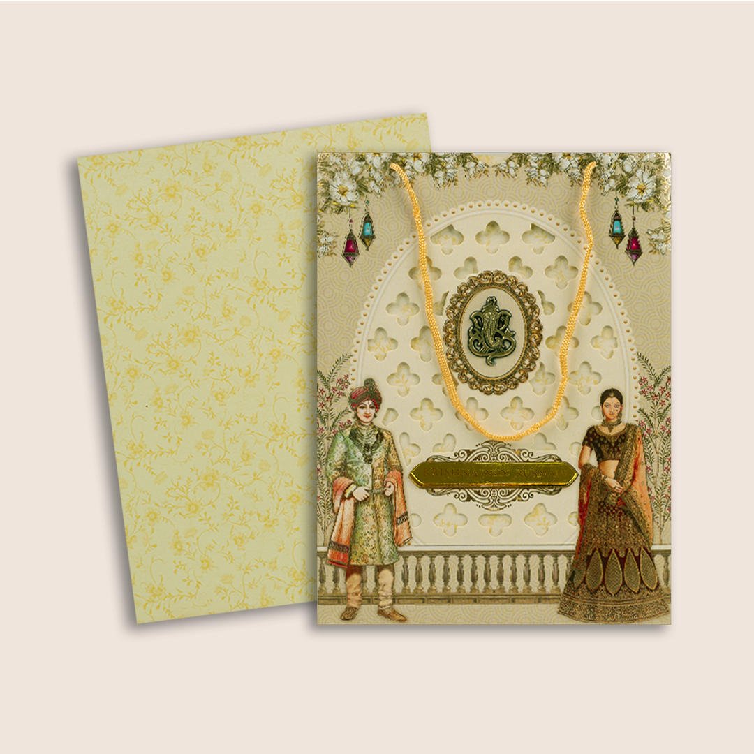 Beige Bride Groom Laser Cut Bag Style Invitation Card - KJTS1840