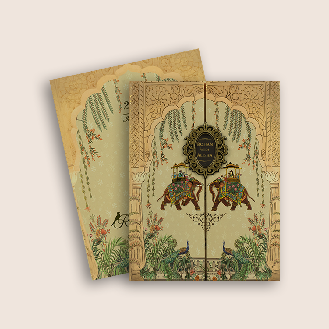 Beige Royal Elephant Padded Door Style Wedding Card - KFR16450