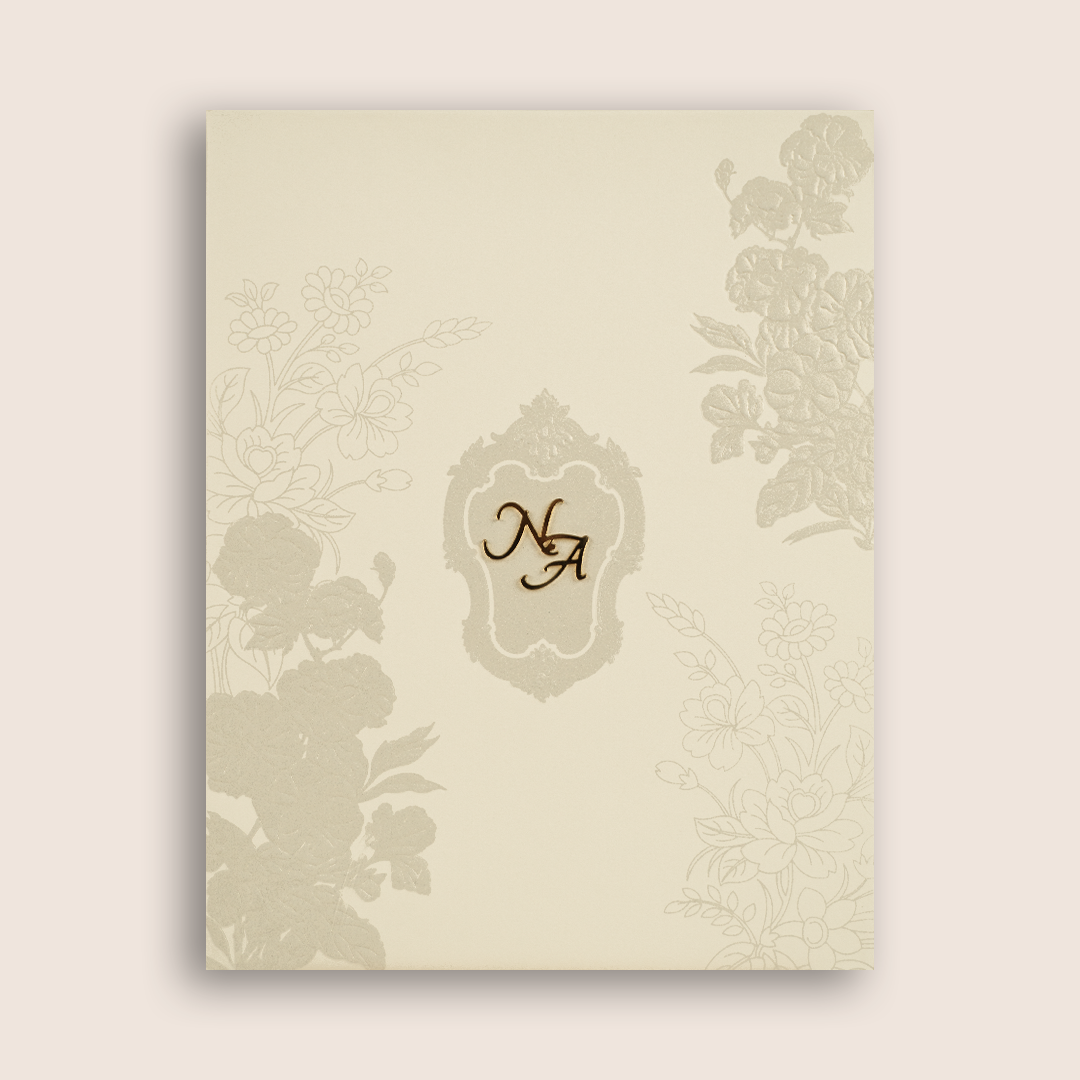 White Grey Floral Embossed Padded Invitation Card - KPR010200