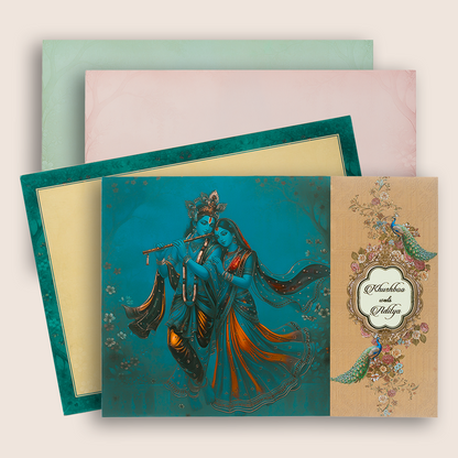 Blue Padded Radha Krishna Door Style Wedding Card - KAA06030