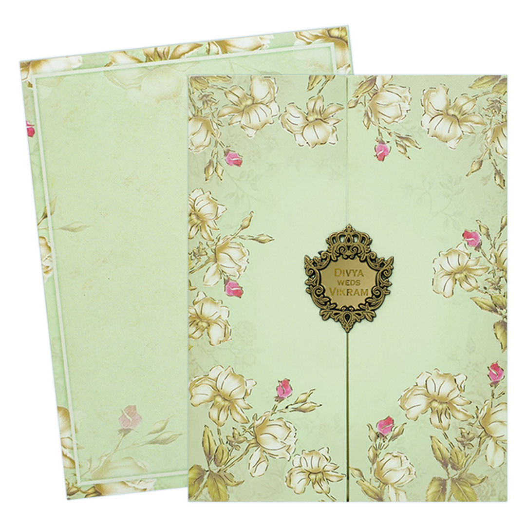 Green Floral Door Style Wedding Card - KNKC4097