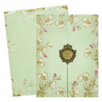 Green Floral Door Style Wedding Card - KNKC4097