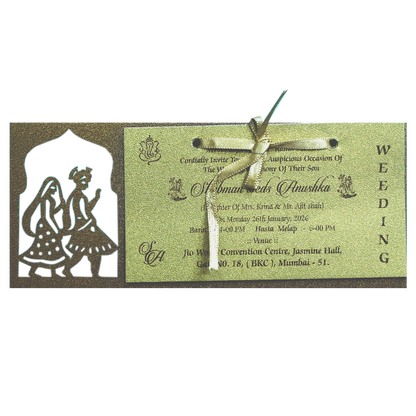 Gold Laser Cut MDF Wedding Invitation Card with Bride &amp; Groom Motif-KRB07020