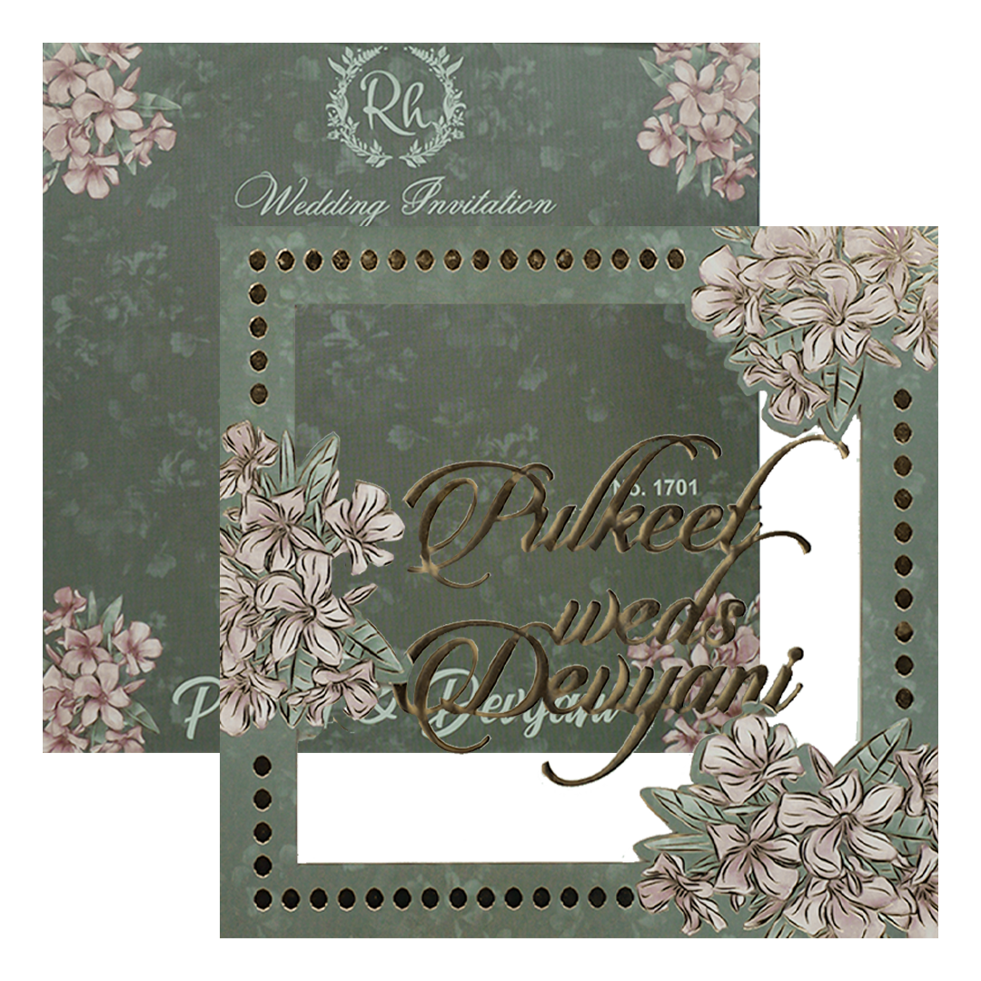 Green Floral Window Laser Cut Padded Wedding Card-KJTS1701