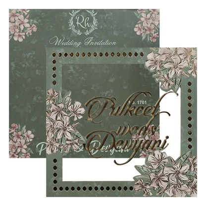 Green Floral Window Laser Cut Padded Wedding Card-KJTS1701