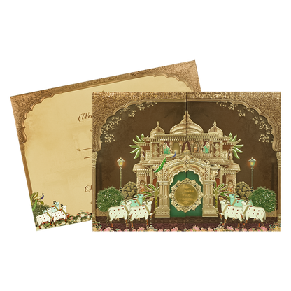 Brown Gold Royal Temple Padded Wedding Card-KRB09270