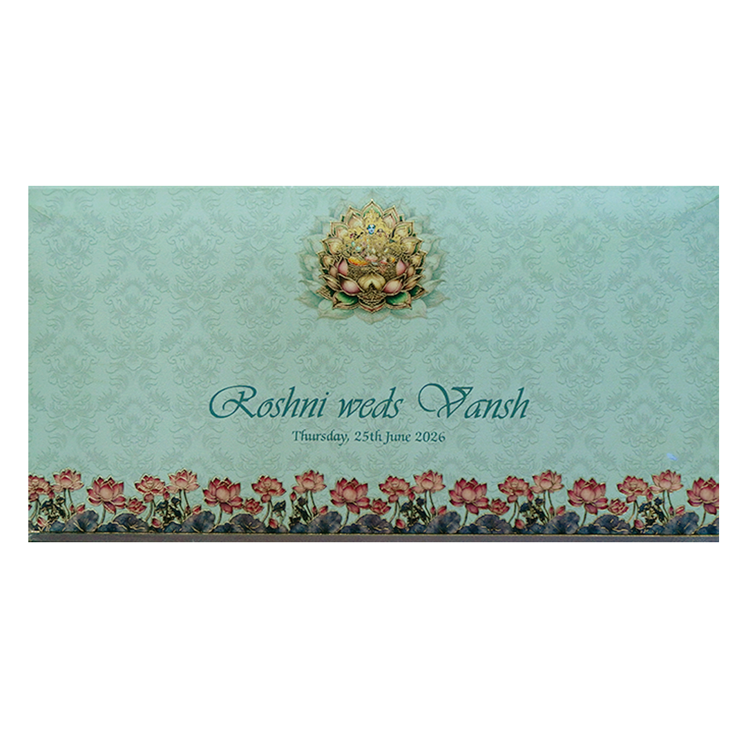 Blue Pastel Vishnu Lakshmi Boxed Wedding Card-KPR06480