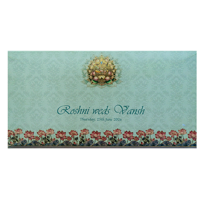 Blue Pastel Vishnu Lakshmi Boxed Wedding Card-KPR06480
