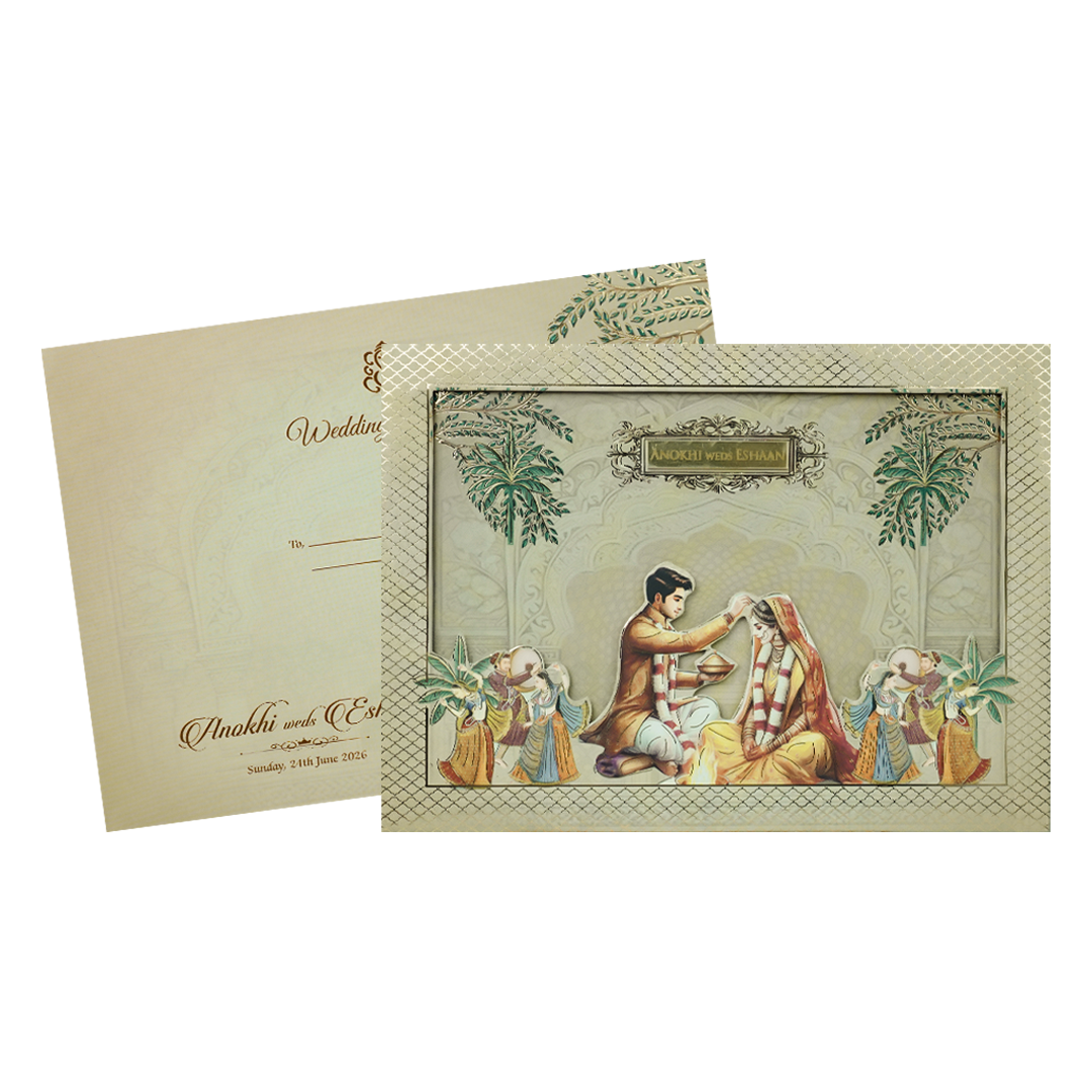 Gold Traditional Laser Cut Padded Wedding Card-KJTS3688