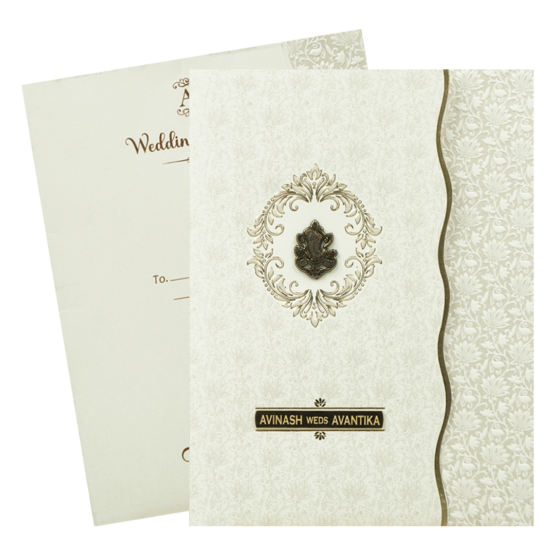 White Gold Ganesha Wedding Card-KSI64800