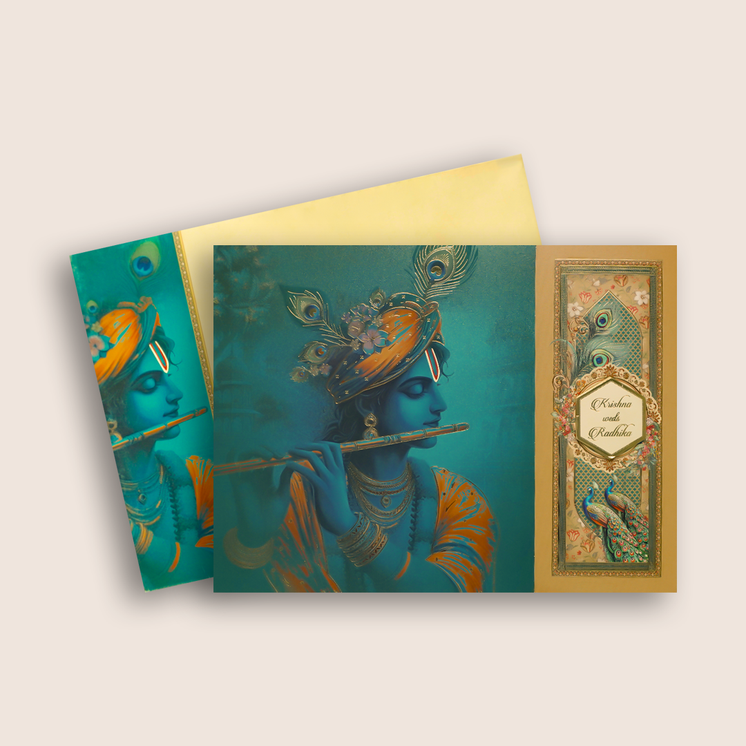 Blue Lord Krishna Door Style Wedding Card - KAA05430