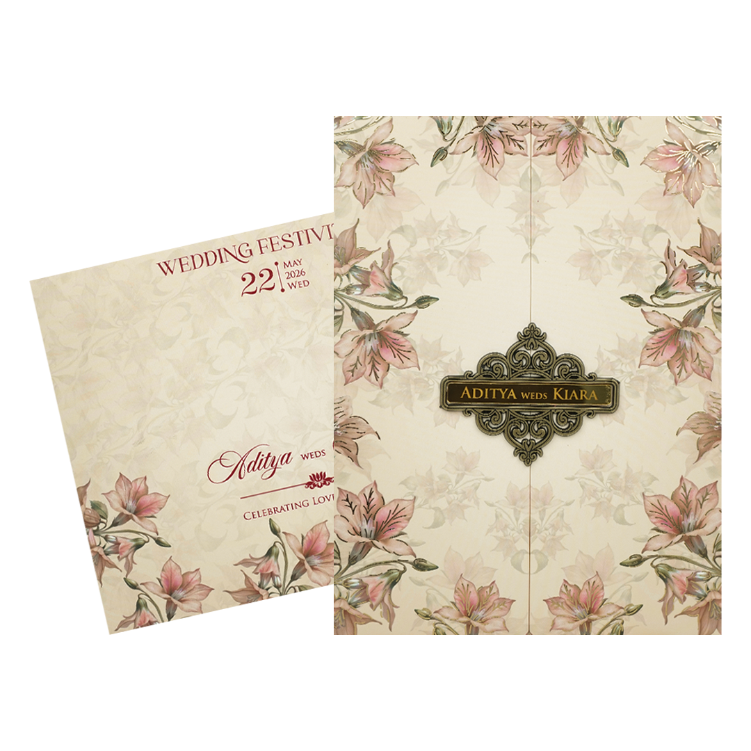 Pastel Peach Lily Floral Padded Wedding Card-KFR16280