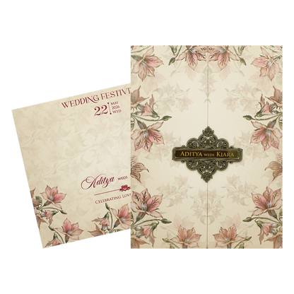Pastel Peach Lily Floral Padded Wedding Card-KFR16280