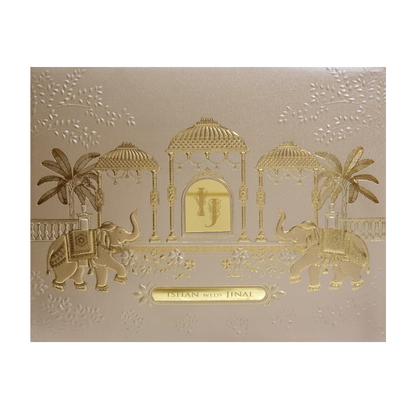 Beige Gold Padded Royal Elephant Embossed Wedding Card - KMMWD1108