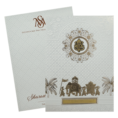 White Ganesha Procession Wedding card-KRE28640