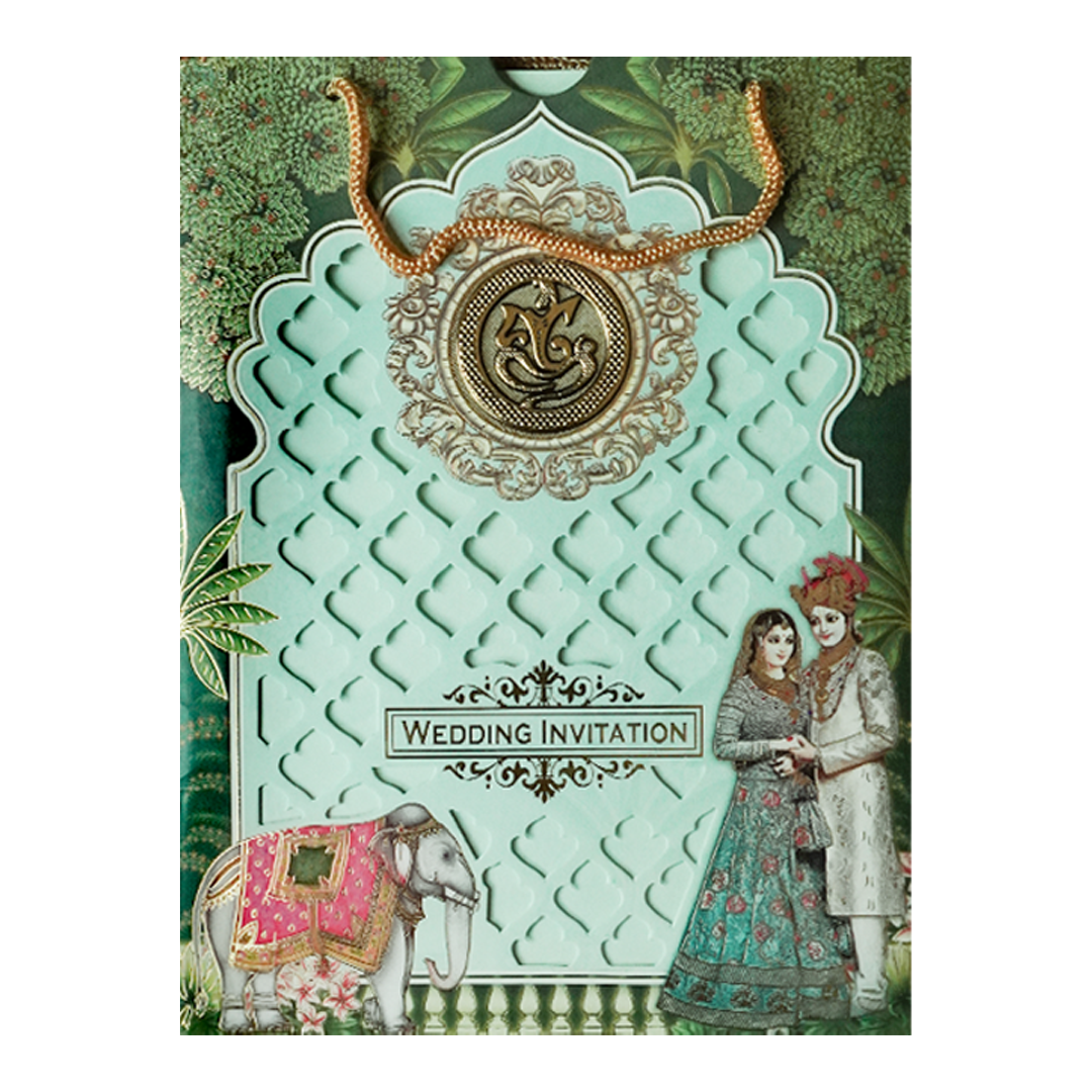 Regal Green Ganesha Wedding Card-KNAV1802