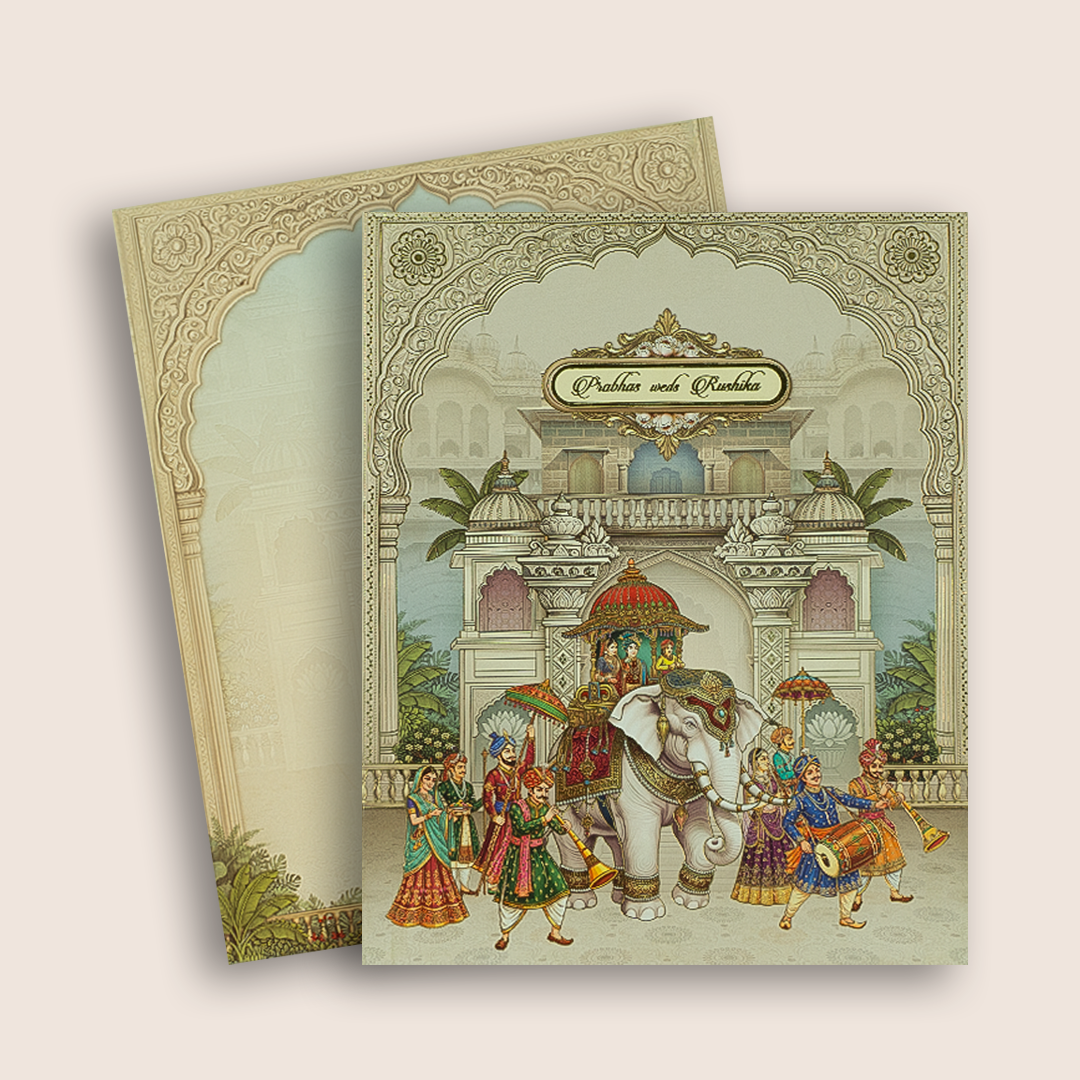 Grey Royal Palace Baraat Padded Wedding Card - KAA05540