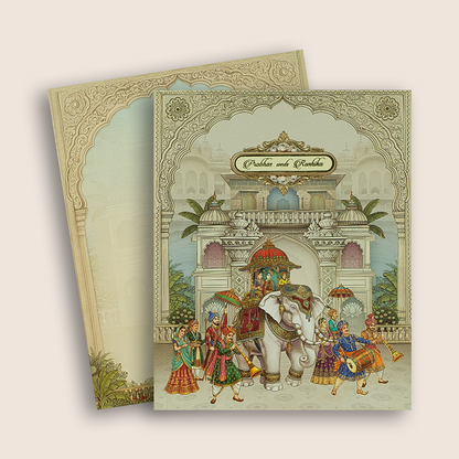 Grey Royal Palace Baraat Padded Wedding Card - KAA05540