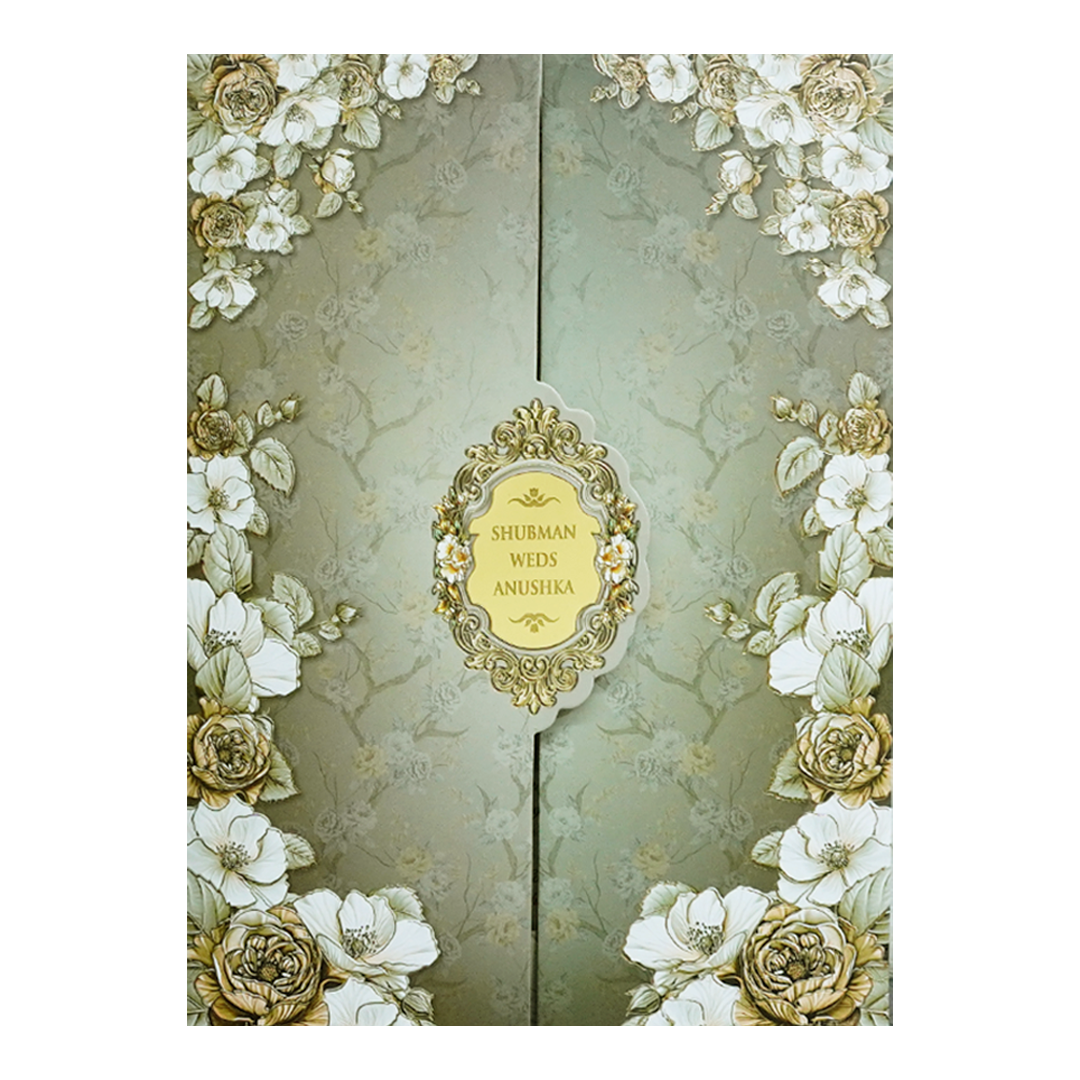 Royal Grey Embossed Gold Foil Door Style Wedding Invitation Card-KRB09040