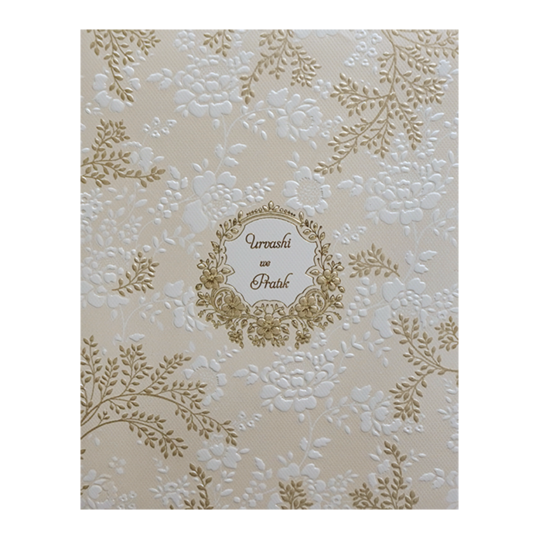 Cream Embossed Floral Padded Wedding Card-KMMWD1117