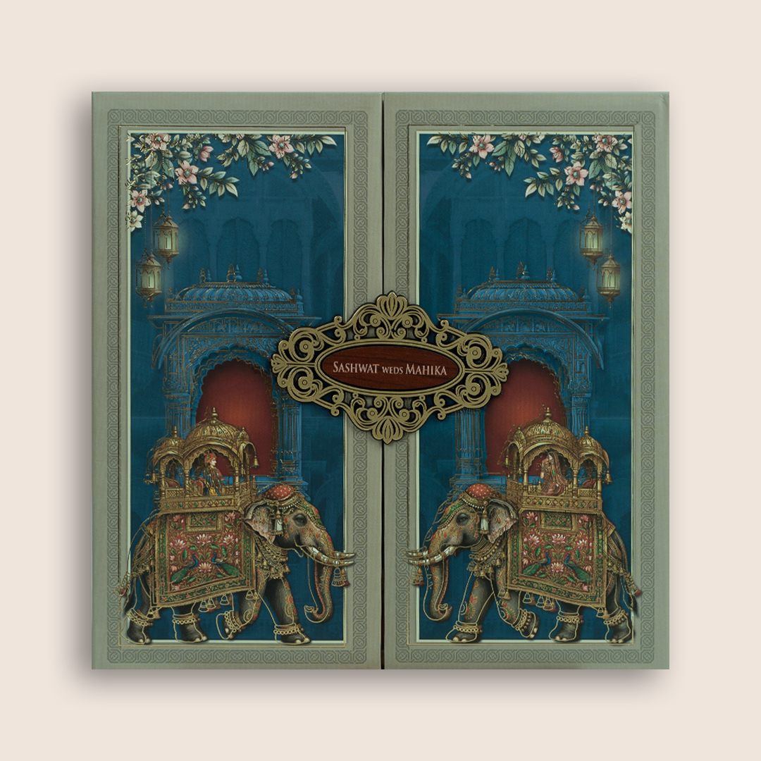 Blue Royal Elephant Door Style Padded Wedding Card - KRE29000